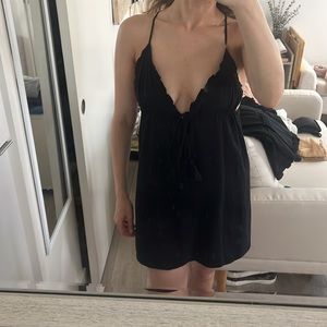 Forever 21 Deep V Babydoll Mini Dress SMALL Black Tassels Pleated